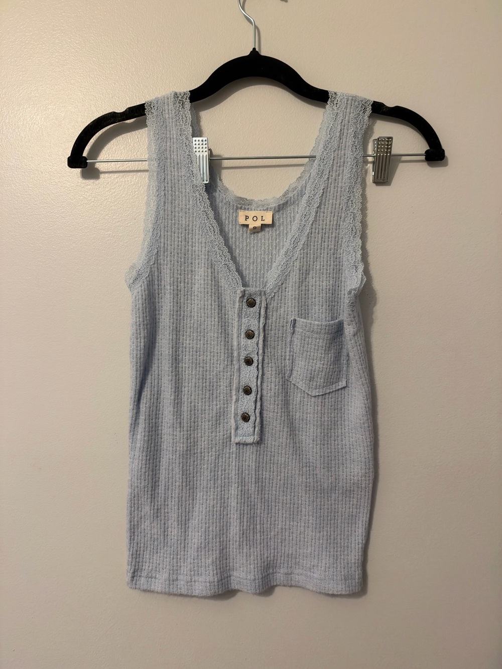 POL Light Blue Ribbed Knit Tank with Lace Trim and Button Placket